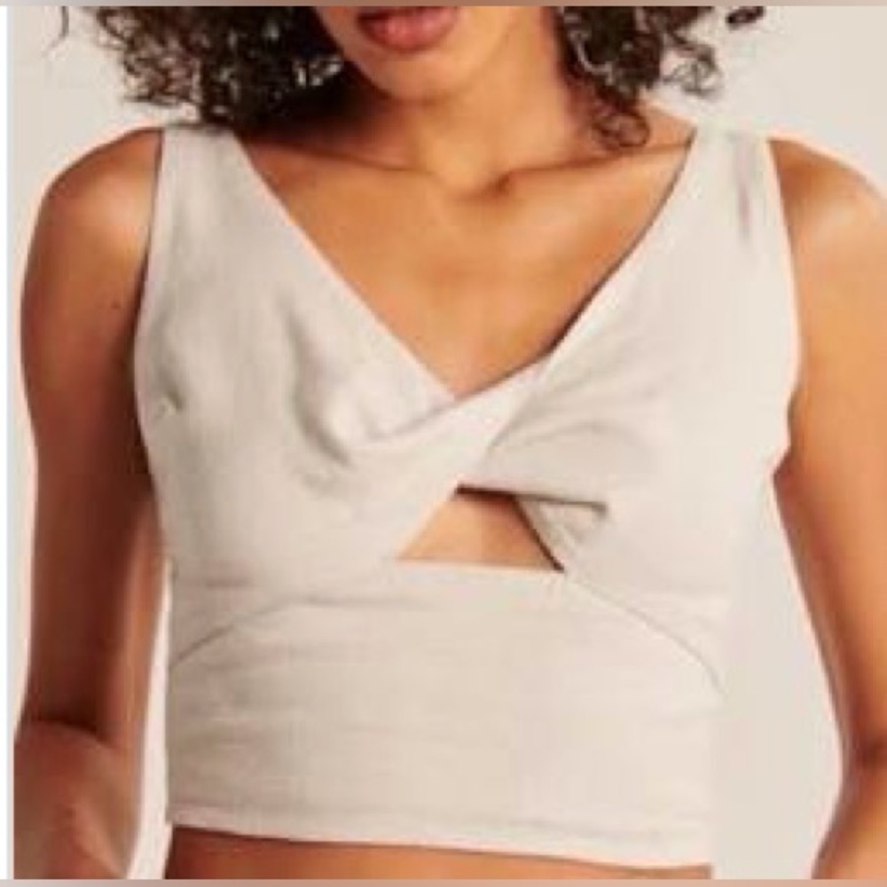 Abercrombie Cropped Linen Twist Front Tank, White, Small